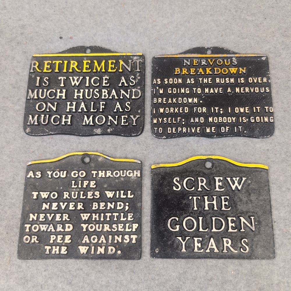 Vintage Cast Metal Retirement Humor Wall Plaques Set of 4 Funny Novelty Signs - Picture 1 of 3